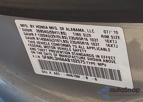 2010 Honda Odyssey Ex-L z USA, uszkodzony, nr VIN 5FNRL3H66AB102575